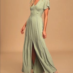 Lulu’s Completely In Love Sage Green Swiss-Dot Button-Front Maxi Dress